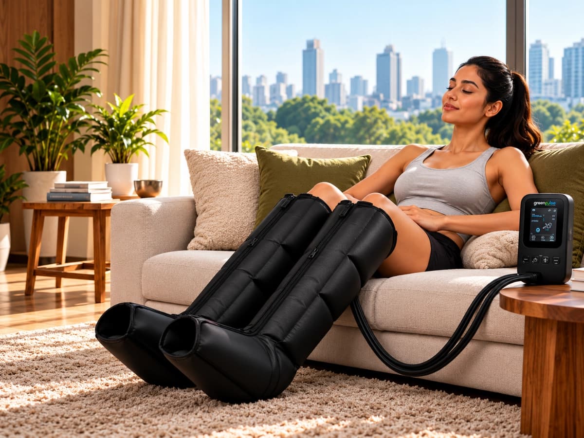 PulseWave Ease Air Compression Leg Massager in use