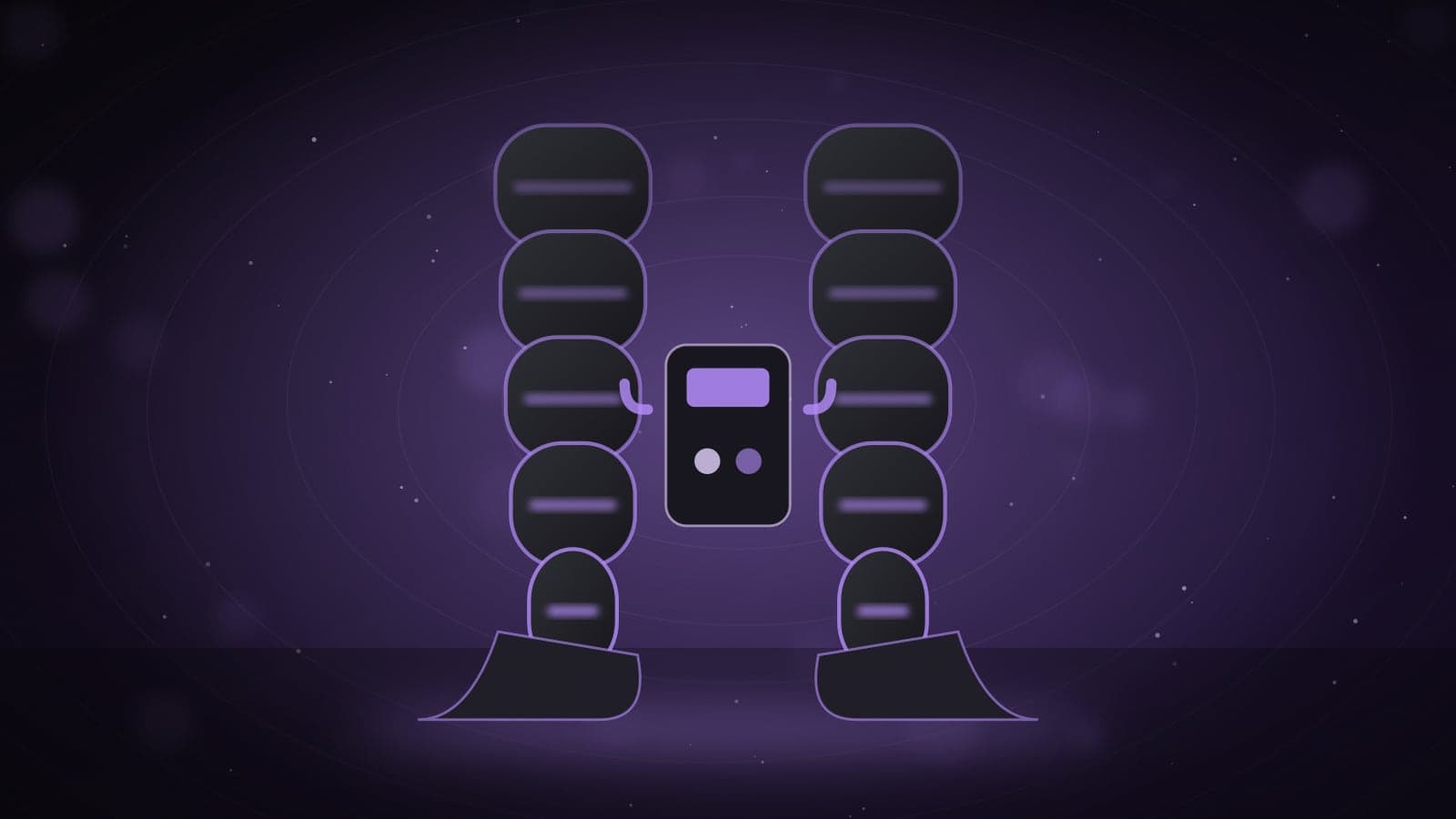 Illustration of a pair of segmented air compression boots with a control unit