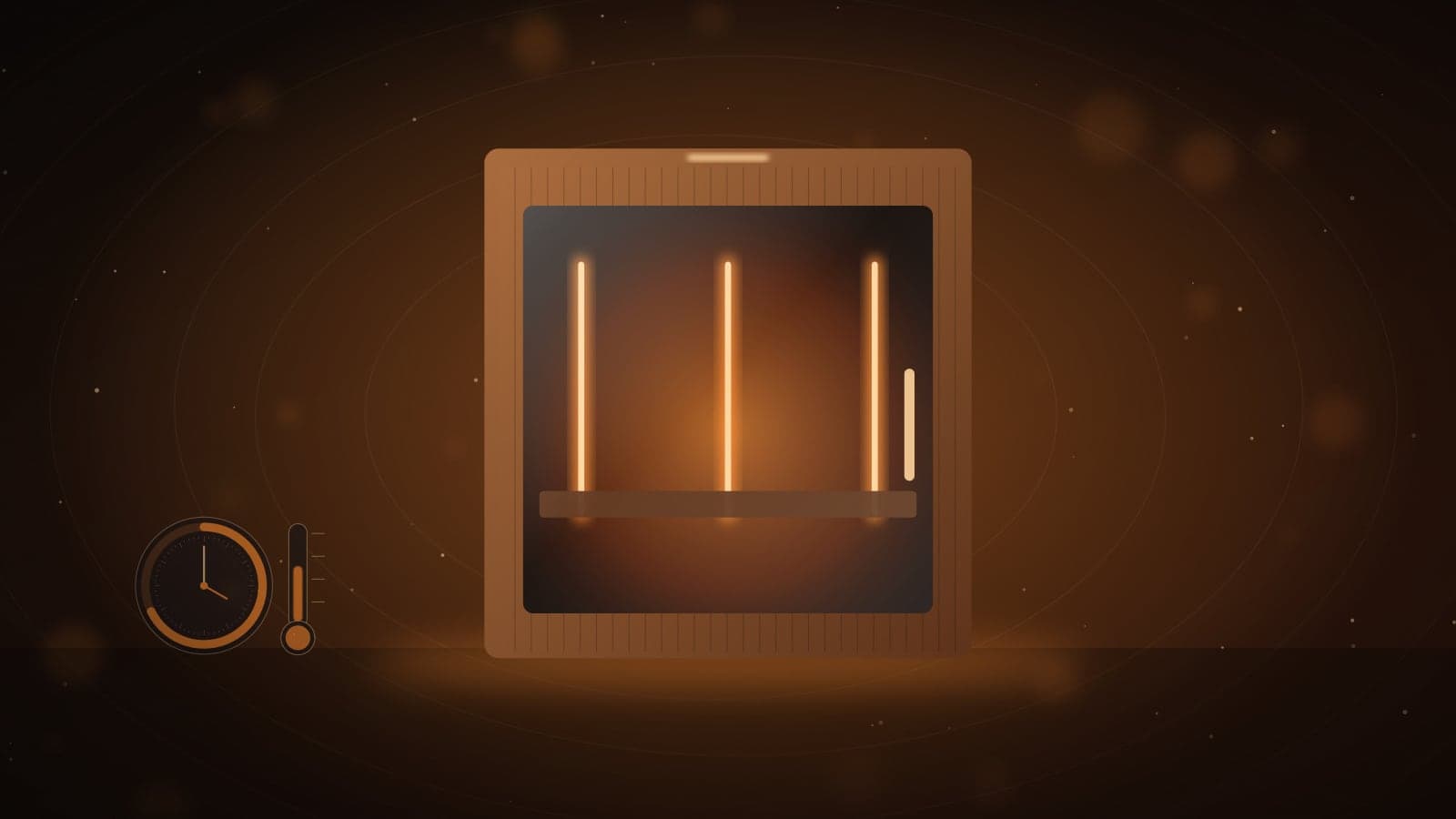 Illustration of a wooden infrared sauna cabin glowing with warm heater strips