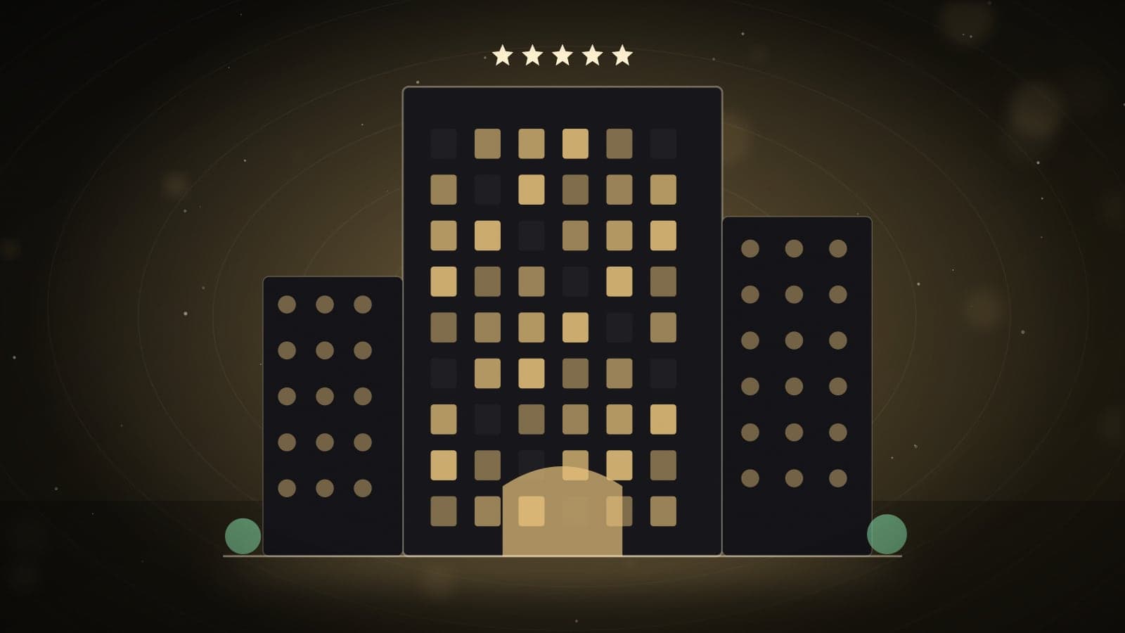 Illustration of a luxury hotel building with lit windows and a five-star rating