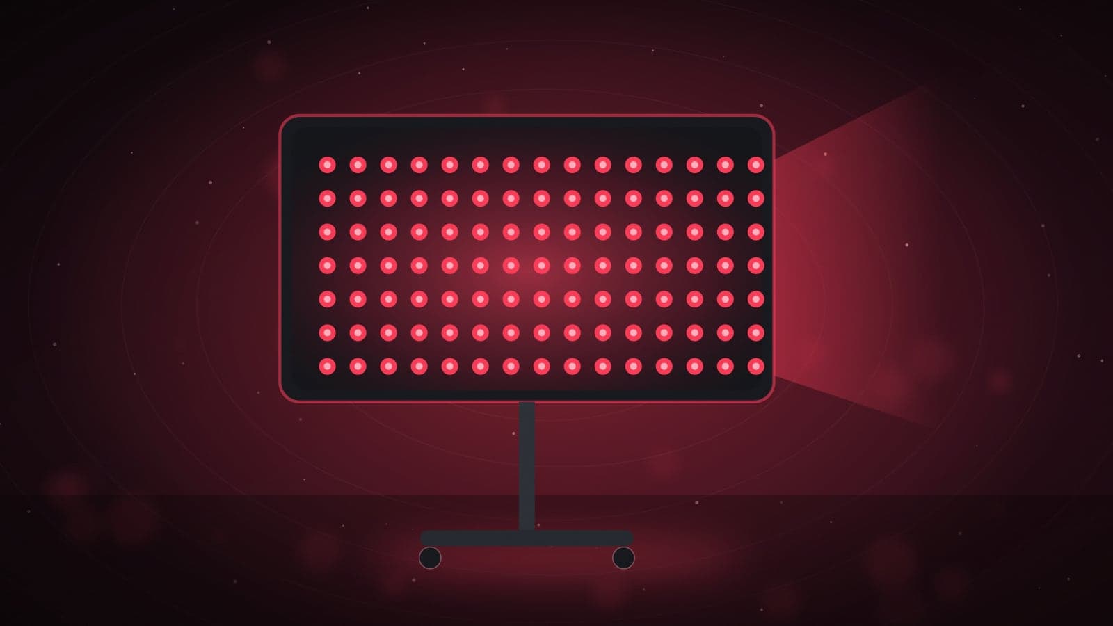 Illustration of a red light therapy panel on a stand projecting a beam of red light